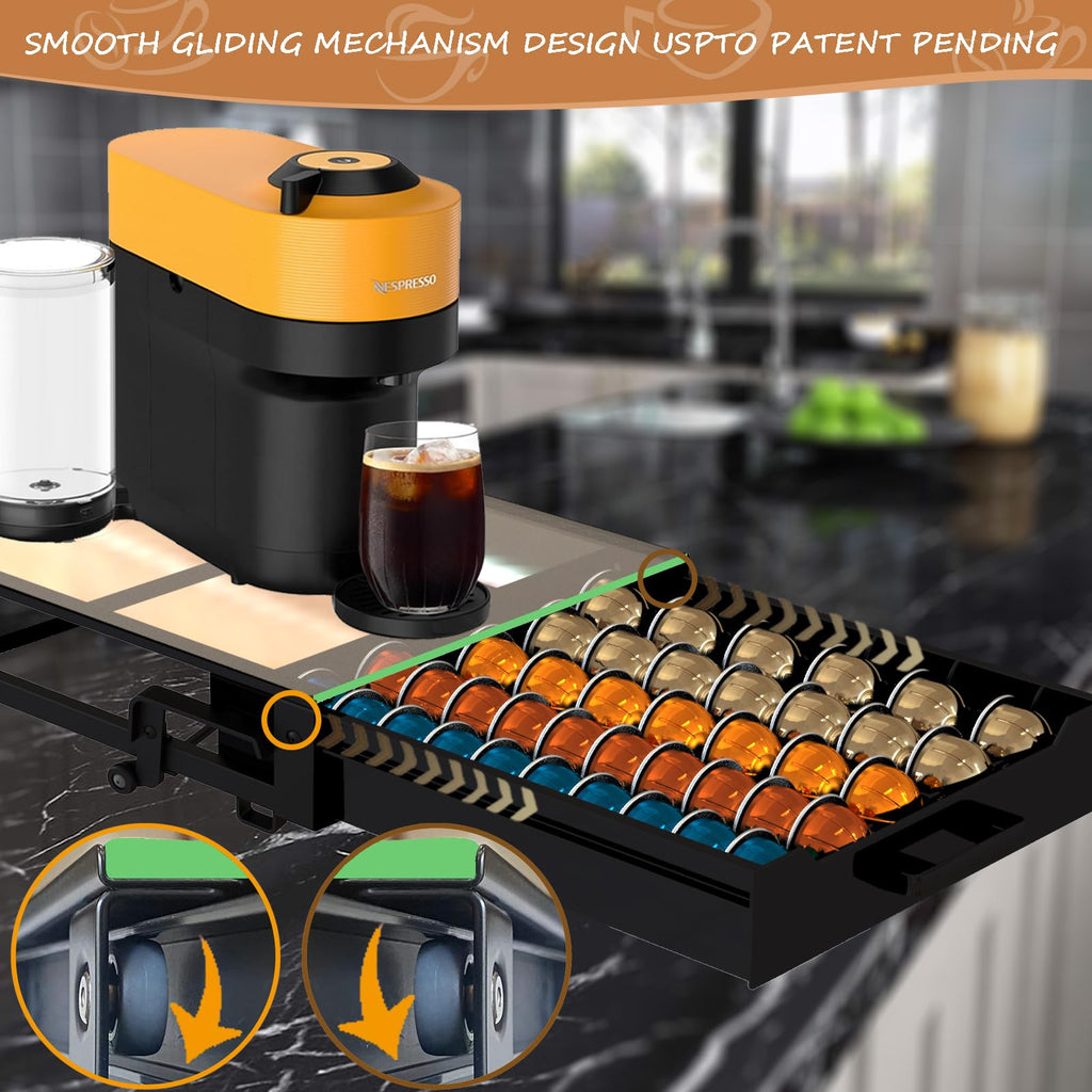 Vertuo Pod Holder Drawer with Deluxe Black Tempered Glass Top, Compatible for Nespresso VertuoLine Pods, Holds up to 75 Small or 50 Big Vertuo Pods Compact Design (Piano Black Nespresso Pods Holder)