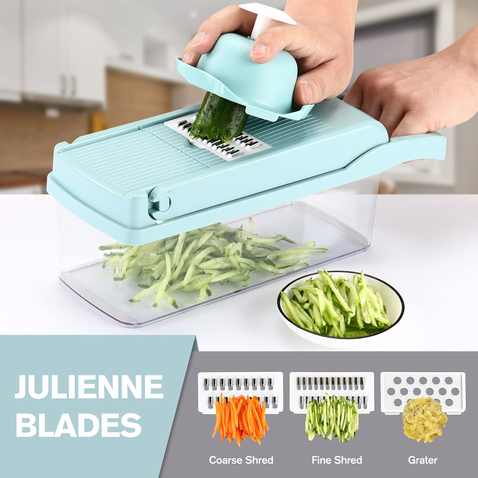 KEOUKE Vegetable Chopper Mandoline Slicer Grey - 12 in 1 Interchangeable Blades Food Chopper with Container, Hand Guard & Drainer, Veggie Dicer Kitchen Gadget for Onion, Cucumber, Tomato, Fruit