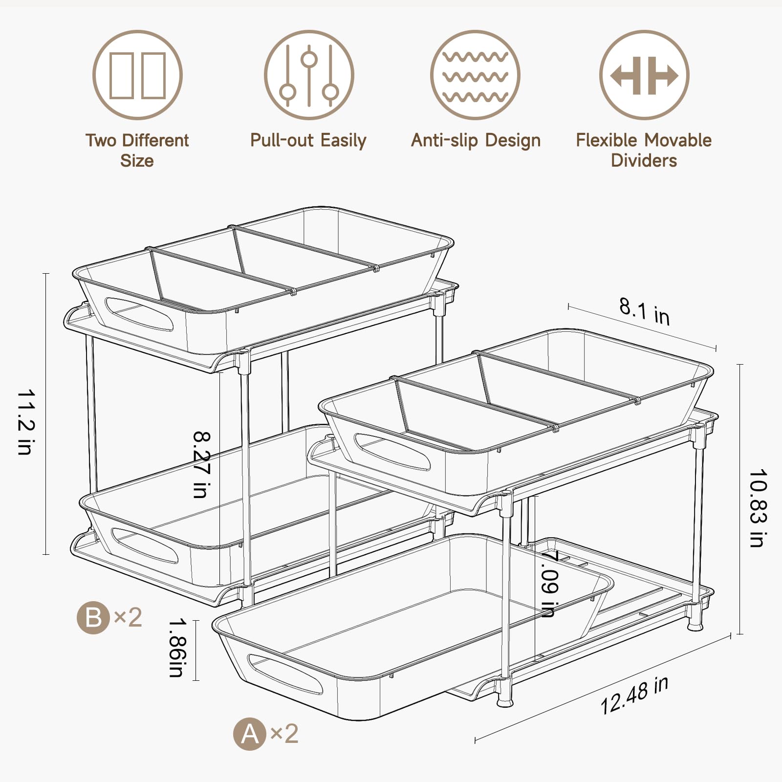 4 Pack Under Sink Organizer, Bathroom Organizers and Storage, 2 Tier Multi-Use Pull Out Cabinet Organizer with Hang Hooks and Cups (Black, 4 Pack)