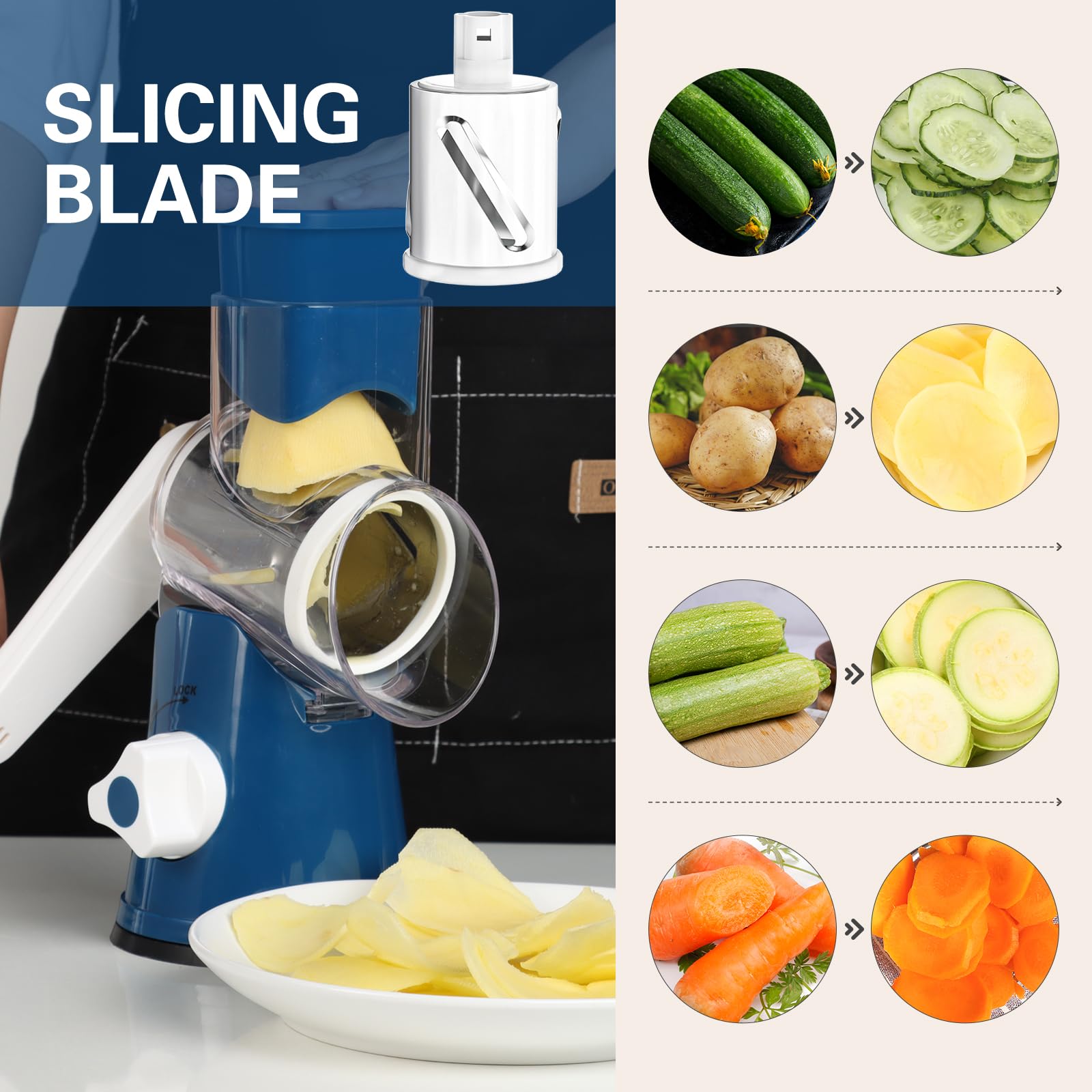 Cambom 5 in 1 Rotary Cheese Grater Hand Crank Cheese Shredder for Fresh Cheese, Vegetable, Nuts,Non-slip Suction Base, Black