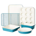 CAROTE 6-Piece Nonstick Ceramic Baking Pans Set - Bakeware Sets Including Cookie Sheets for Baking, Muffin Pan, Bread Pan, Cake pan, Loaf Pan, Cooling Rack, Light Blue & Cream White
