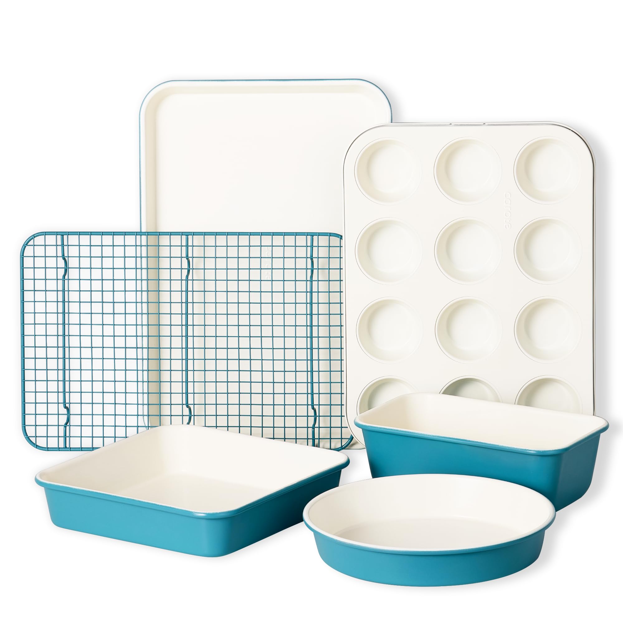 CAROTE 6-Piece Nonstick Ceramic Baking Pans Set - Bakeware Sets Including Cookie Sheets for Baking, Muffin Pan, Bread Pan, Cake pan, Loaf Pan, Cooling Rack, Light Blue & Cream White
