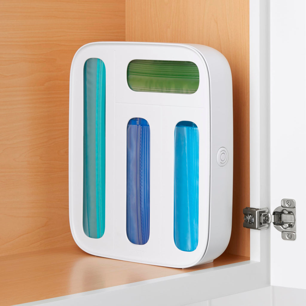 StoraBag Drawer Food Bags Dispenser, 4-Slot, Plastic Sandwich Bag Organizer for Kitchen Storage, White