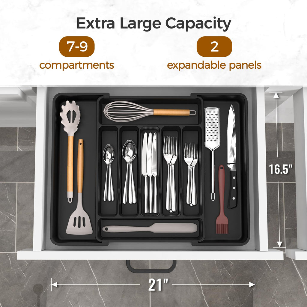 Extra Large Expandable Silverware Organizer, BPA-Free Food-Safe Cutlery Flatware Organizer, Kitchen Utensil Drawer Organizer, Adjustable Silverware Holder for Spoons Forks Knives, Black
