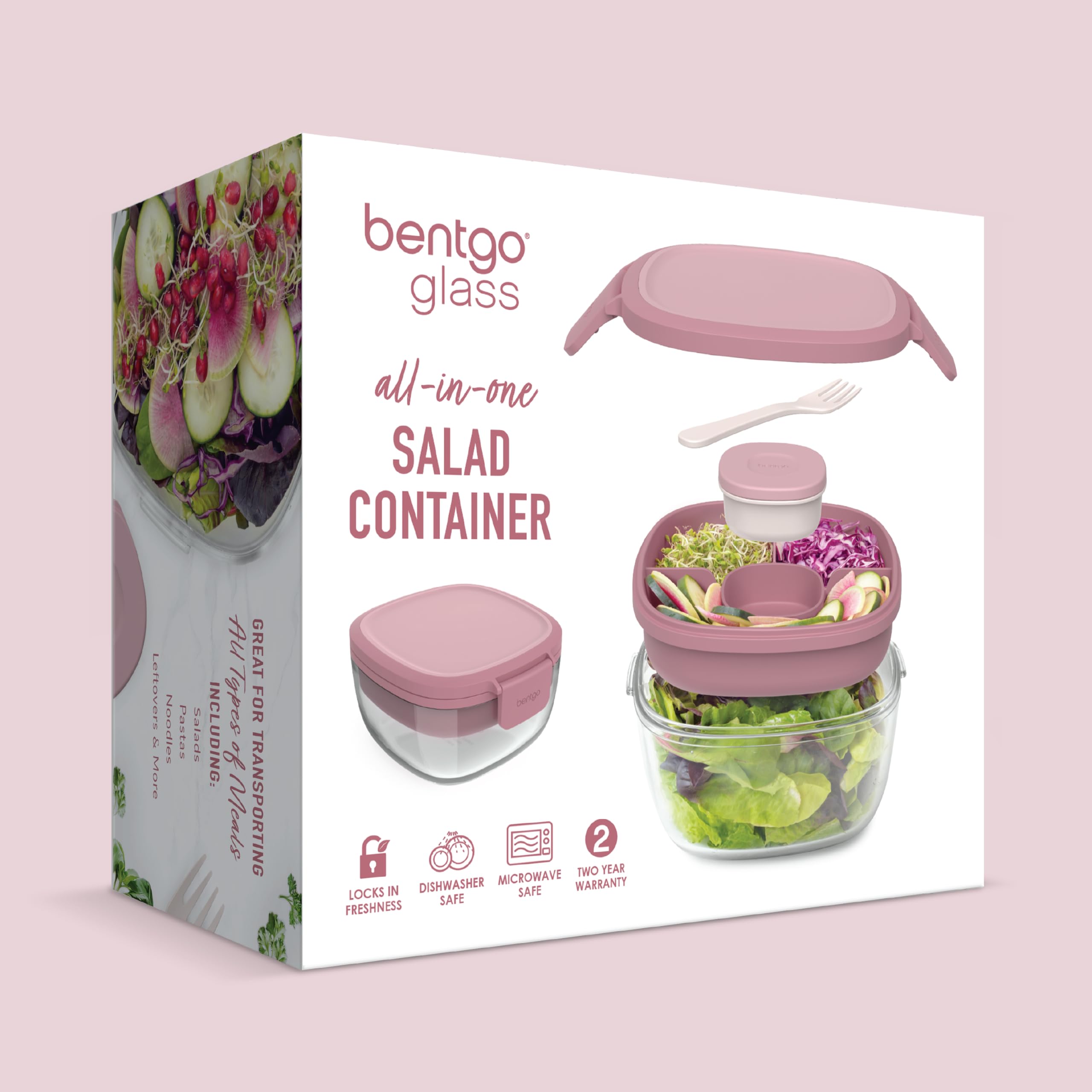 Bentgo Glass Salad Container - 7.6-Cup Salad Bowl with Airtight Lid, Leak-Proof Sauce Container, 4-Compartment Bento Tray & Reusable Fork - BPA-Free for Meal Prep, Office & More (Lavender)