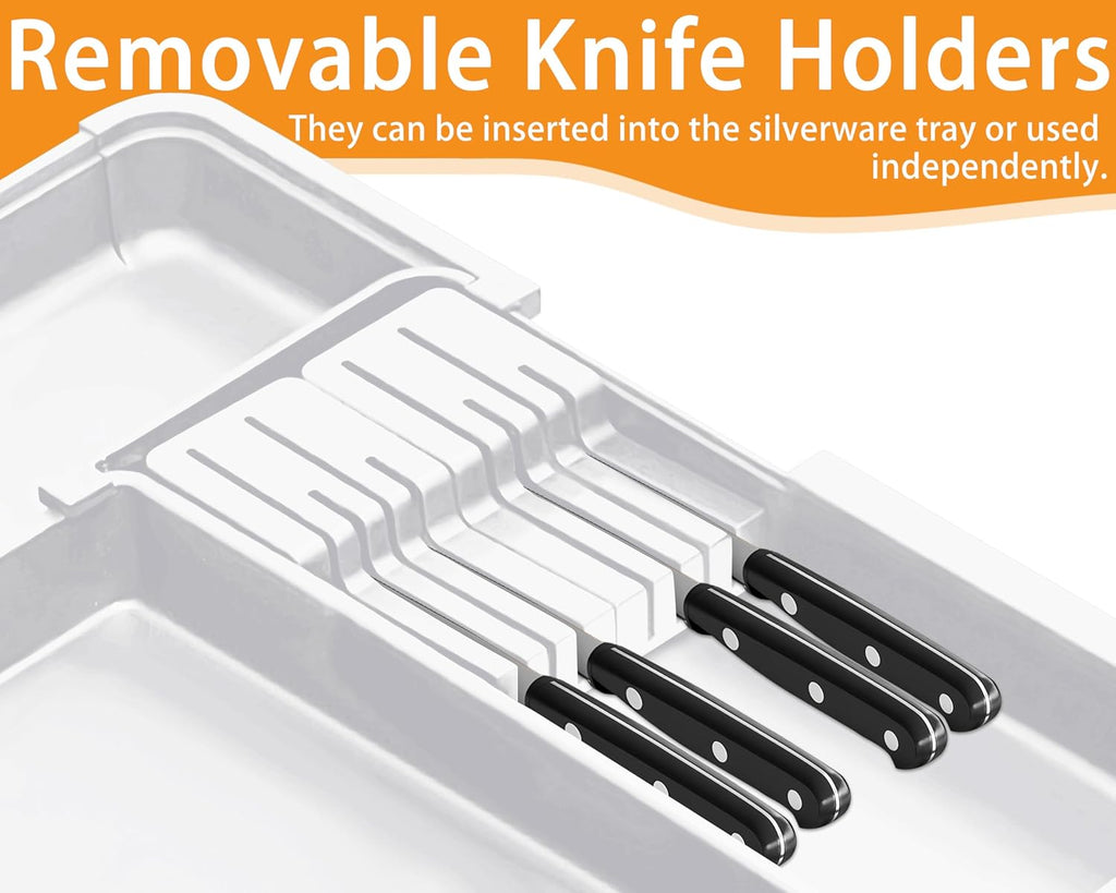 Homecor Kitchen Utensil Drawer Organizer, Large 22"x 19" Expandable Silverware Organizer with Removable Knife Block, Utensil Holder and Cutlery Tray, Kitchen Spatula Tools and Gadgets Storage, White