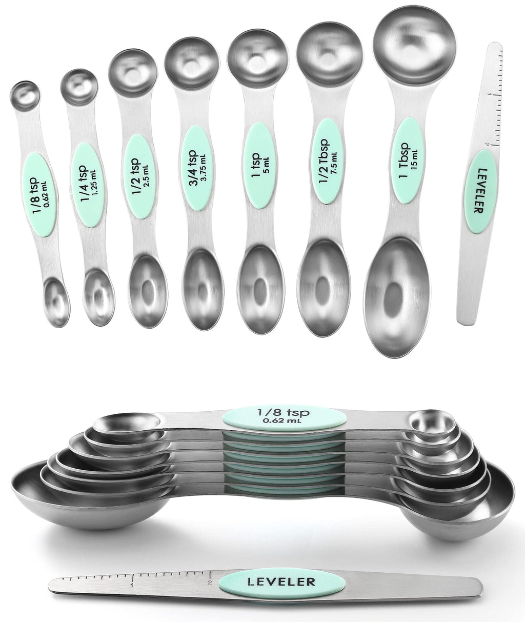 Spring Chef Stainless Steel Magnetic Measuring Spoons Set with Strong N45 Magnets, Heavy Duty Metal Kitchen Gadgets for Baking & Cooking, Fits in Most Kitchen Spice Jars, Set of 8 with Leveler, Black