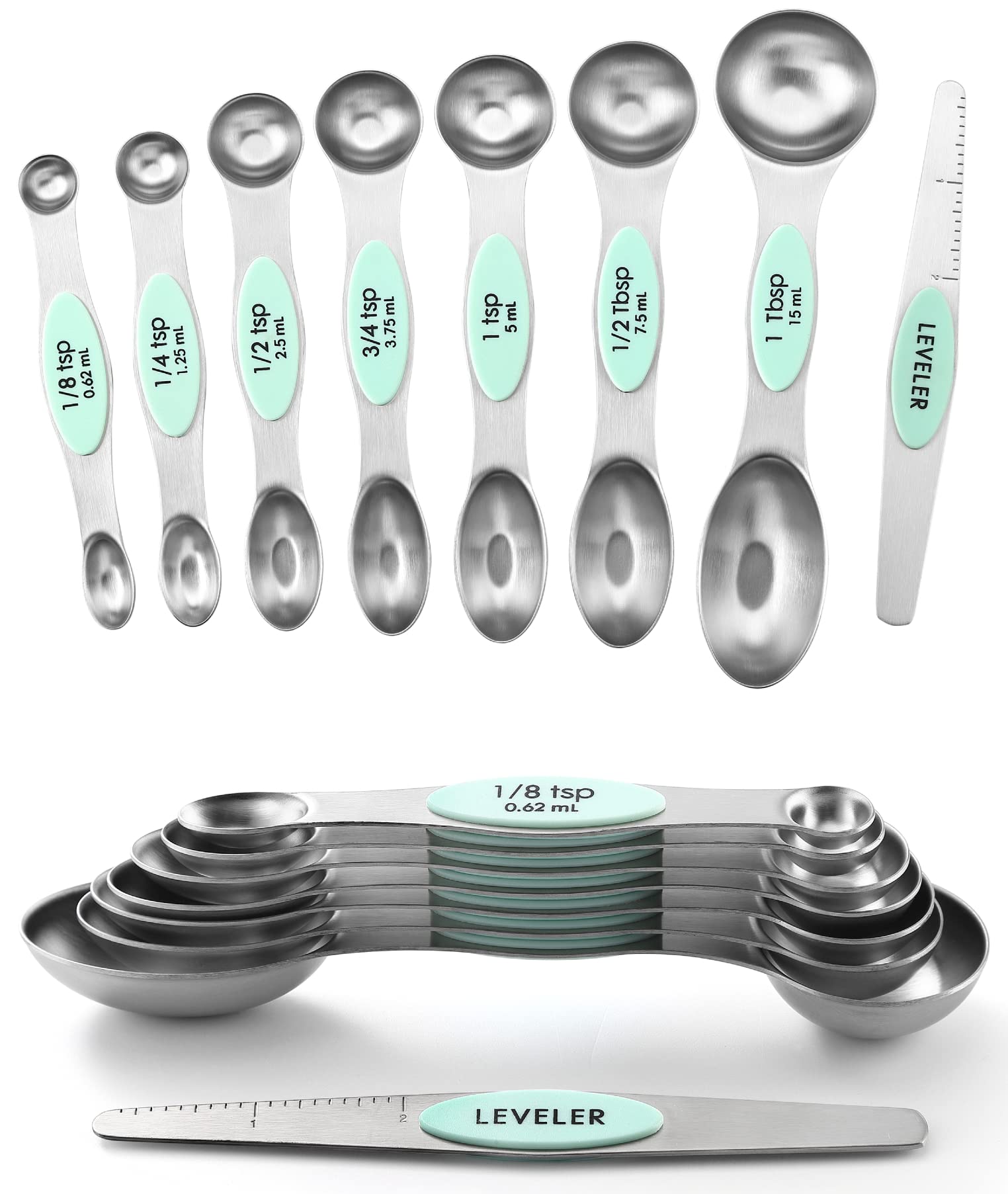 Spring Chef Stainless Steel Magnetic Measuring Spoons Set with Strong N45 Magnets, Heavy Duty Metal Kitchen Gadgets for Baking & Cooking, Fits in Most Kitchen Spice Jars, Set of 8 with Leveler, Black