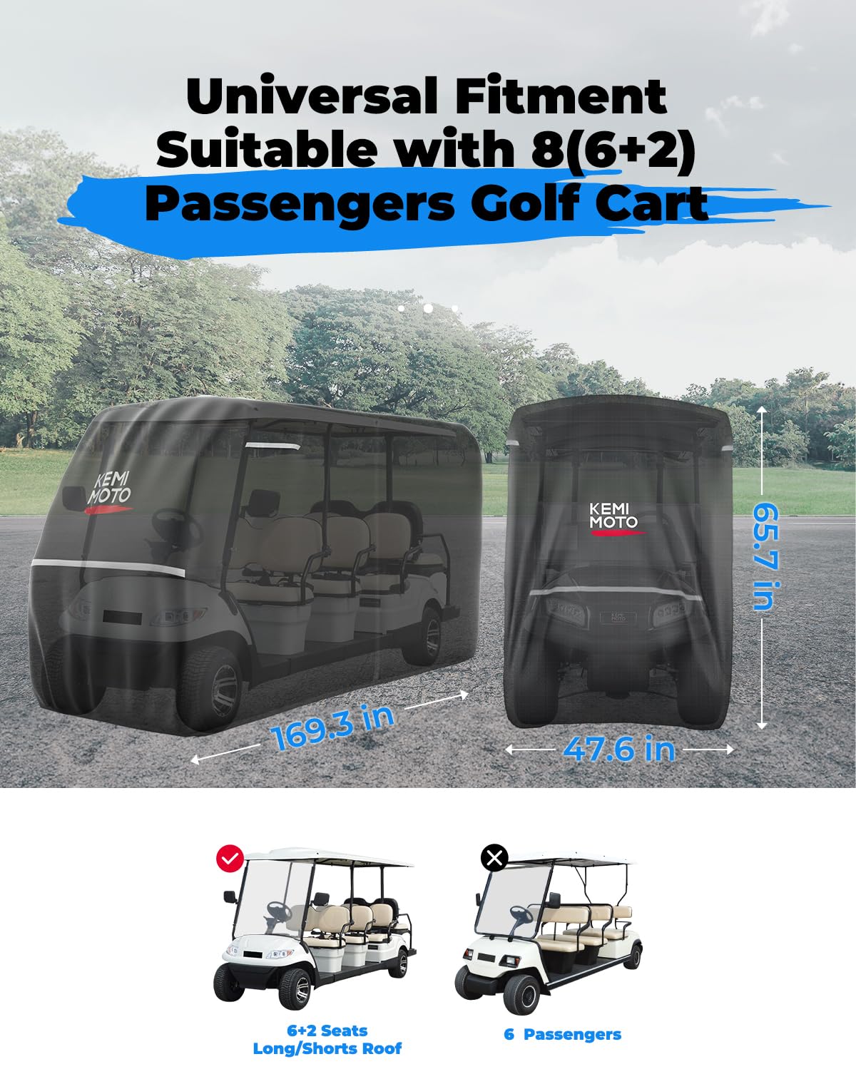 KEMIMOTO 600D Waterproof Golf Cart Cover, Universal Heavy Duty Large 6-Seater Golf Cart Rain Cover with Storage Bag Compatible with EZGO Club Car 6/4+2 Passenger, Black