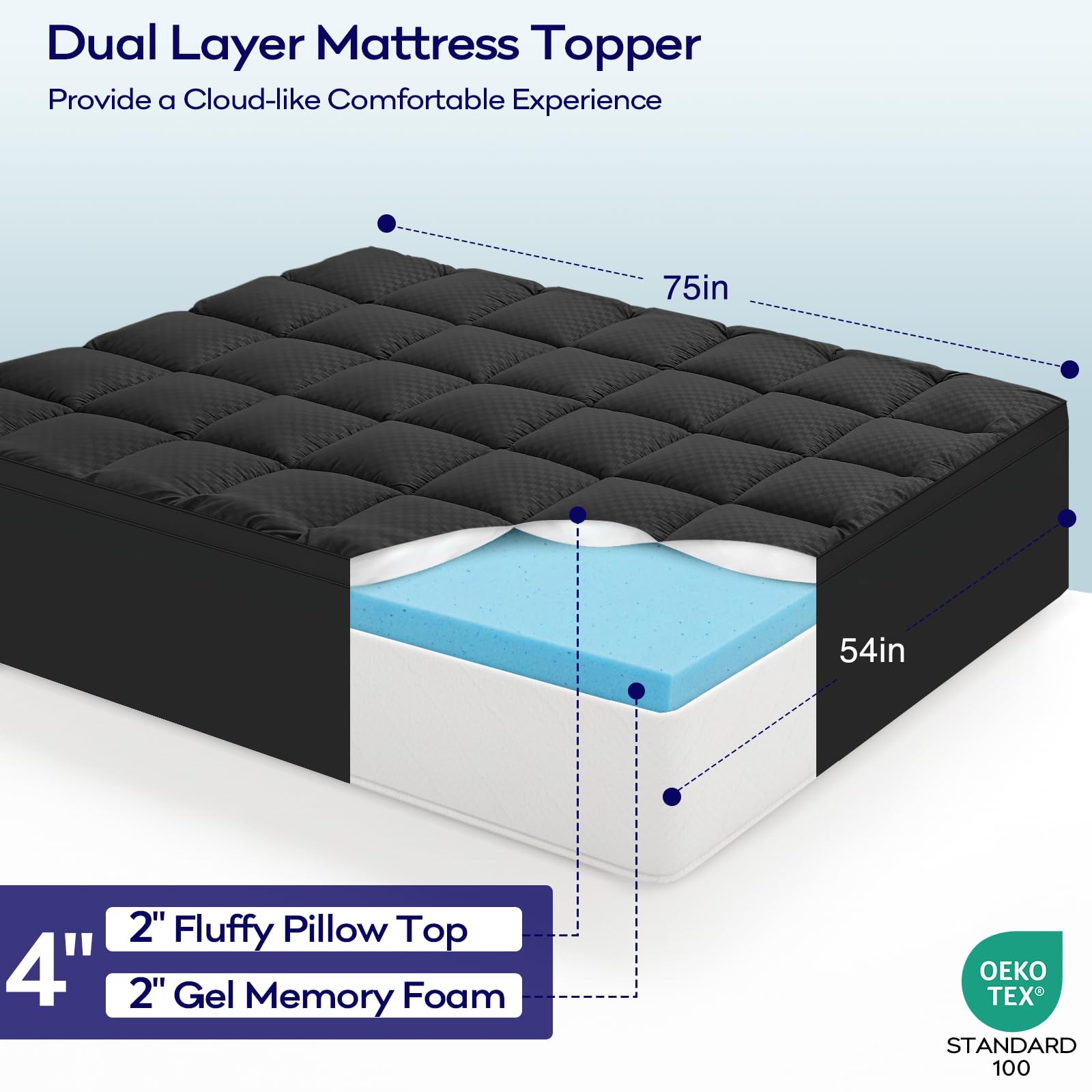 OLANLY Dual-Layer 4 Inch Queen Size Memory Foam Mattress Topper for Back Pain, 2 Inch Cooling Pillow Top Mattress Pad Cover and 2 Inch Gel Memory Foam Topper, Deep Elastic Pocket, Grey