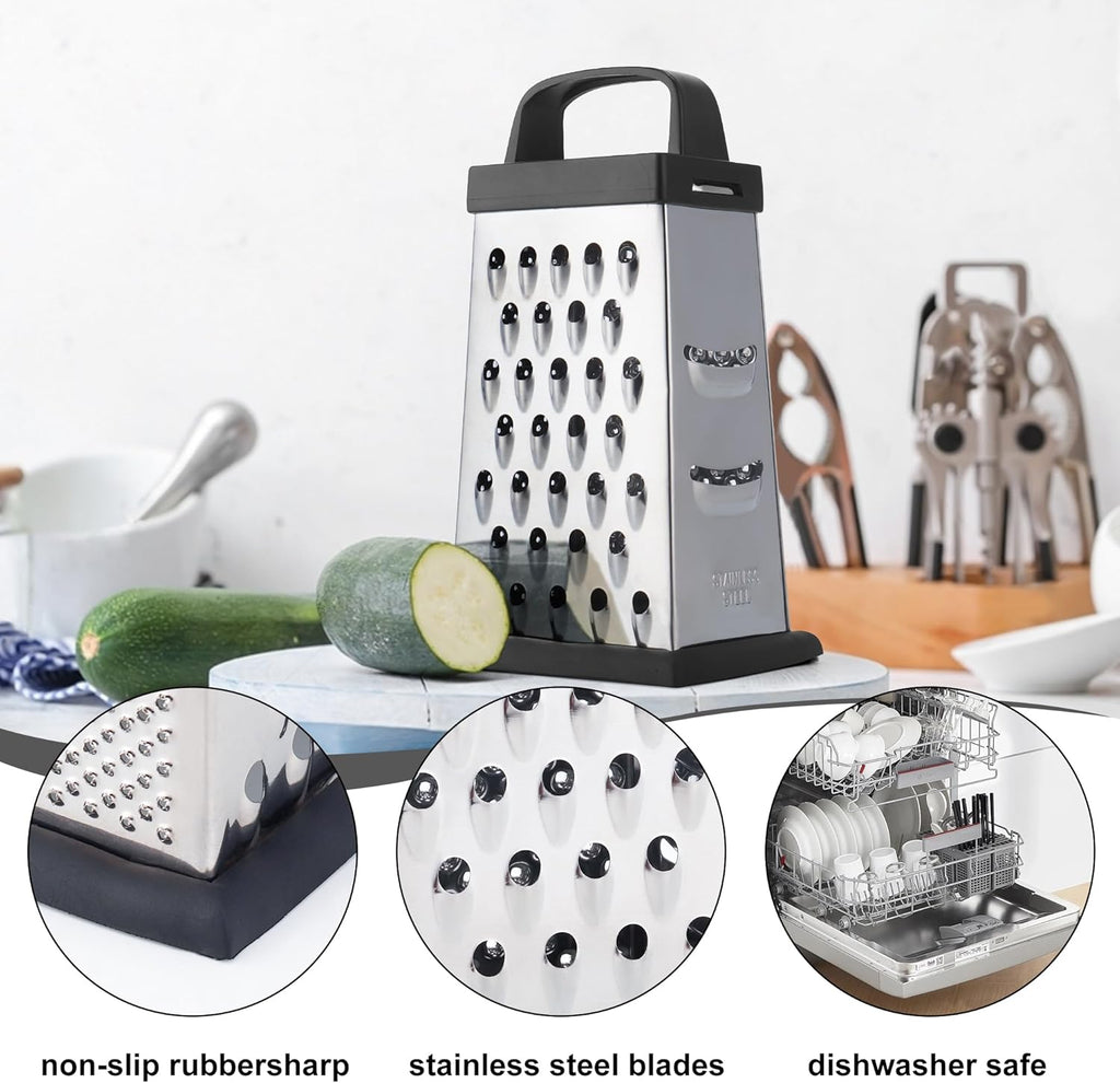 Cheese Grater, Mini Size 4-Sided Stainless Steel Grater, Food Shredder for Cheese, Parmesan, Vegetable, Dishwasher Safe, Black
