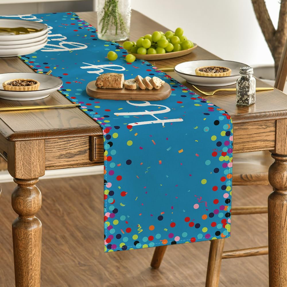 Artoid Mode Polka Dot Beige Happy Birthday Table Runner, Seasonal Kitchen Dining Table Decoration for Home Party Decor 13x72 Inch