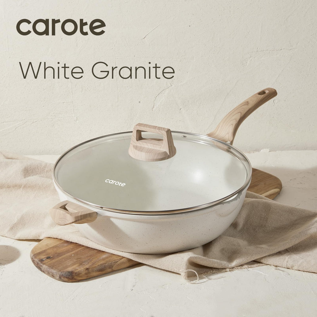 CAROTE 12Inch Nonstick Deep Frying Pan with Lid, 5.5 Qt Jumbo Cooker Saute Pan with Pour Spout, Skillet Induction Cookware, Non Stick Cooking Pan Kitchen Pan PFOA Free, White Granite