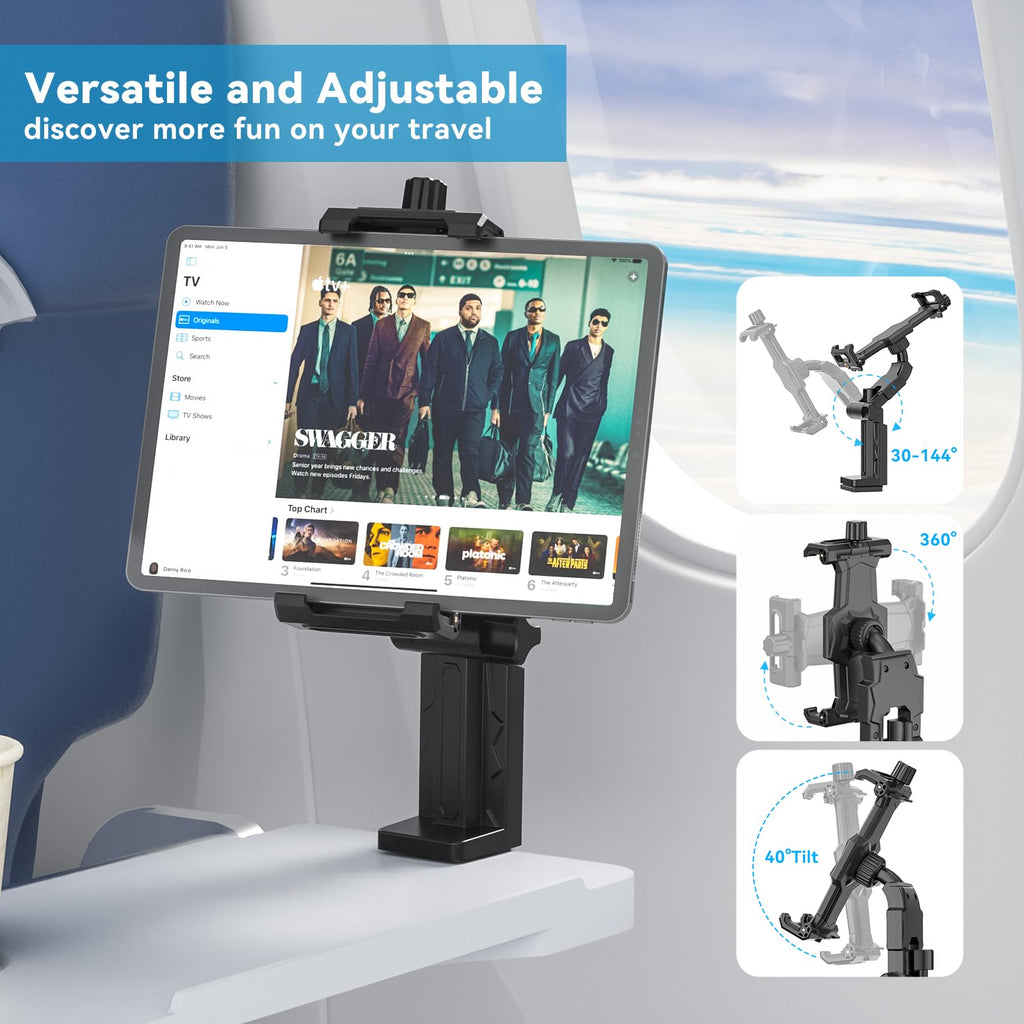 KDD Airplane Tablet Holder Mount, Adjustable Travel Essentials iPad Phone Stand with 360 Degree Rotation, Portable Tesla Model 3/Y Car Headrest Mount Compatible with iPad, Cell Phone