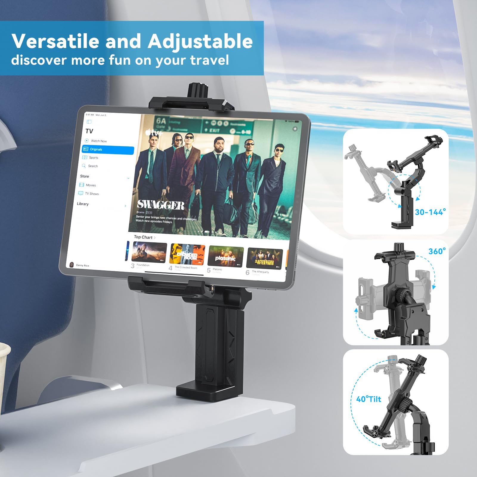 KDD Airplane Tablet Holder Mount, Adjustable Travel Essentials iPad Phone Stand with 360 Degree Rotation, Portable Tesla Model 3/Y Car Headrest Mount Compatible with iPad, Cell Phone