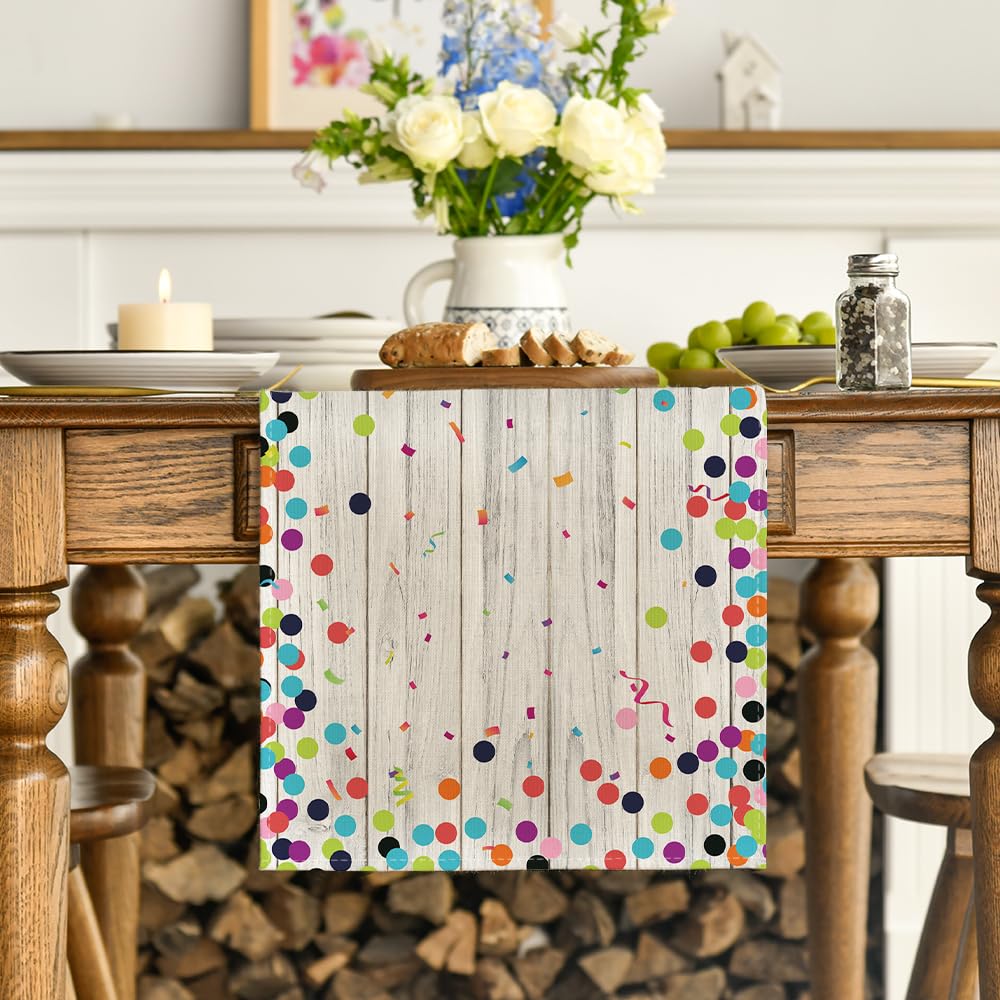 Artoid Mode Polka Dot Beige Happy Birthday Table Runner, Seasonal Kitchen Dining Table Decoration for Home Party Decor 13x72 Inch