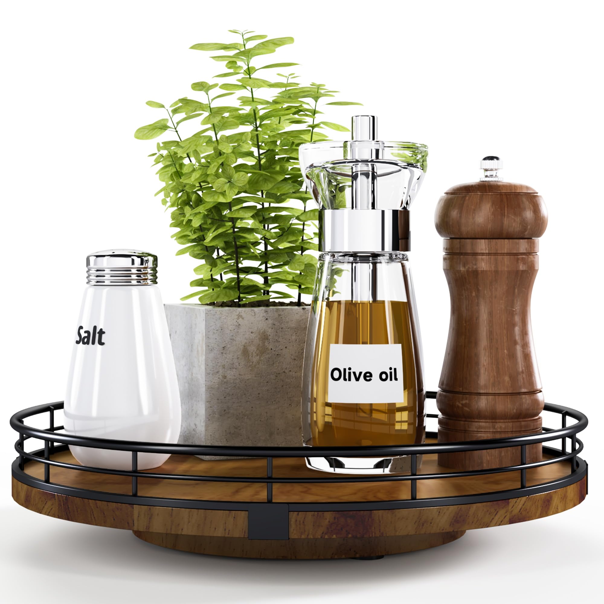 Farmhouse Oak 9" Lazy Susan Turntable Organizer for Cabinet, Round Wooden Lazy Susan Organization and Storage for Dining Table, Pantry, Kitchen, Countertop, Cupboard,Home Decor, Walnut Wood