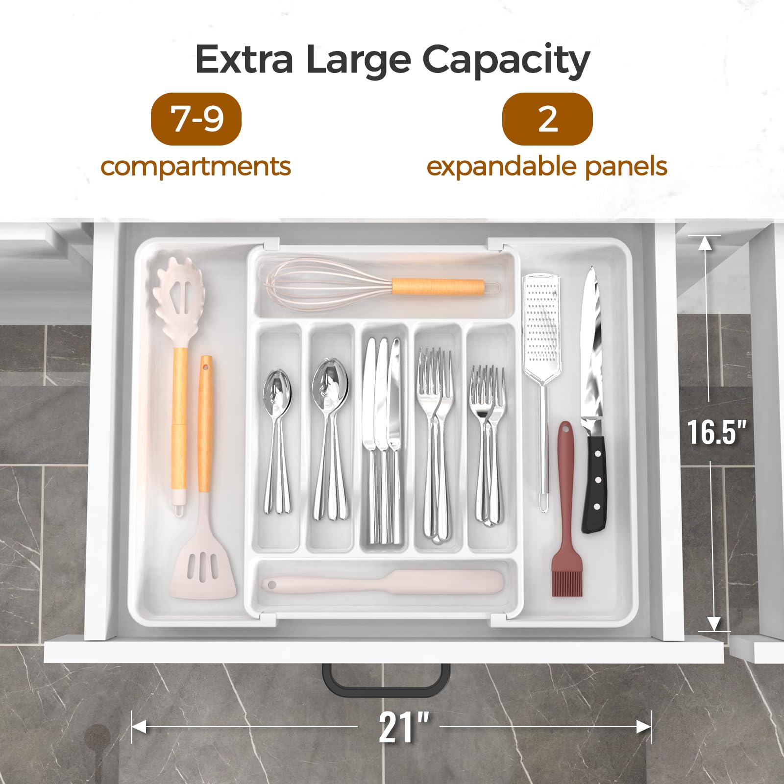 Extra Large Expandable Silverware Organizer, BPA-Free Food-Safe Cutlery Flatware Organizer, Kitchen Utensil Drawer Organizer, Adjustable Silverware Holder for Spoons Forks Knives, Black
