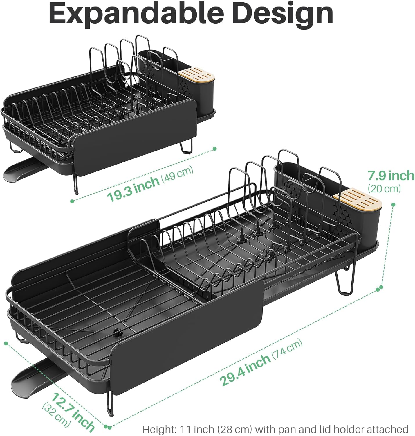 SNTD Large Dish Drying Rack - Expandable (19.3" to 29.4") Dish Rack for Kitchen Counter, Stainless Steel Dish Drainer with Utensil Holder, Pan Holder & Pot Lid Holder, Black