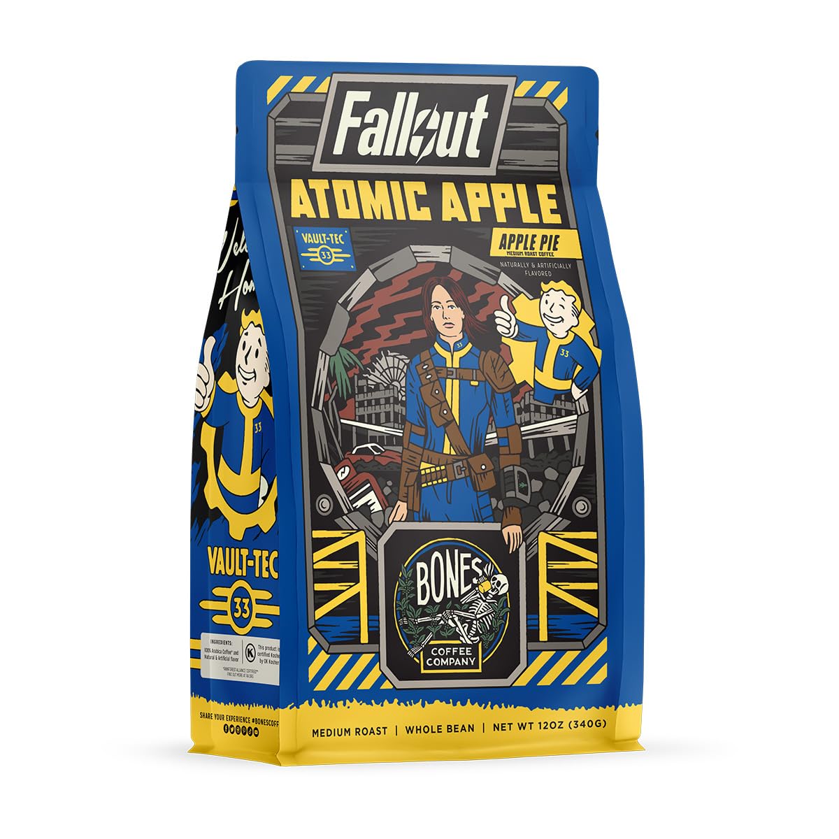 Bones Coffee Company Fallout Rocky Route 66, Rocky Road Flavored Coffee, Medium Roast Low Acid Arabica Beans Compatible with Auto drip and French Press Coffee Maker, 12 Oz Ground