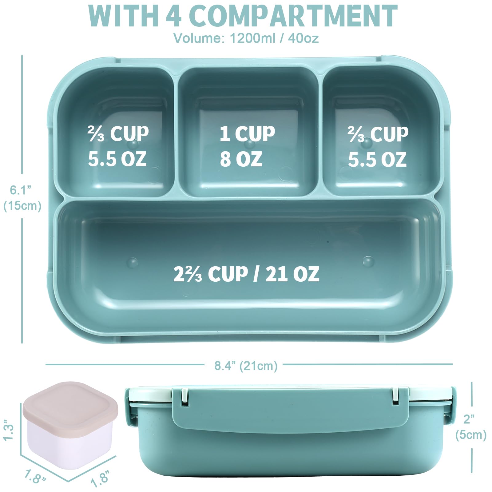 Bento Box Adult Lunch Box, Containers for Adults Men Women with 4 Compartments, Lunchable Food Container with Utensils, Sauce Jar, Muffin Liners, 40 Oz/5 Cup, Microwave & Dishwasher Safe, Brown