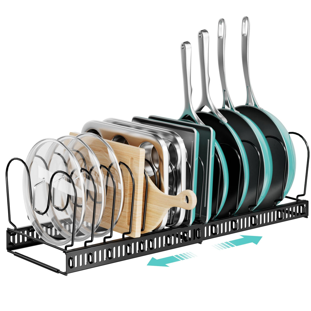ORDORA Pots and Pans Organizer under Cabinet with Pot Lid Organizer, Expandable Rack for Pan and Pot Organizers Inside Cabinet, 12"-23" Adjustable with 10 Dividers for Kitchen Organization, Black