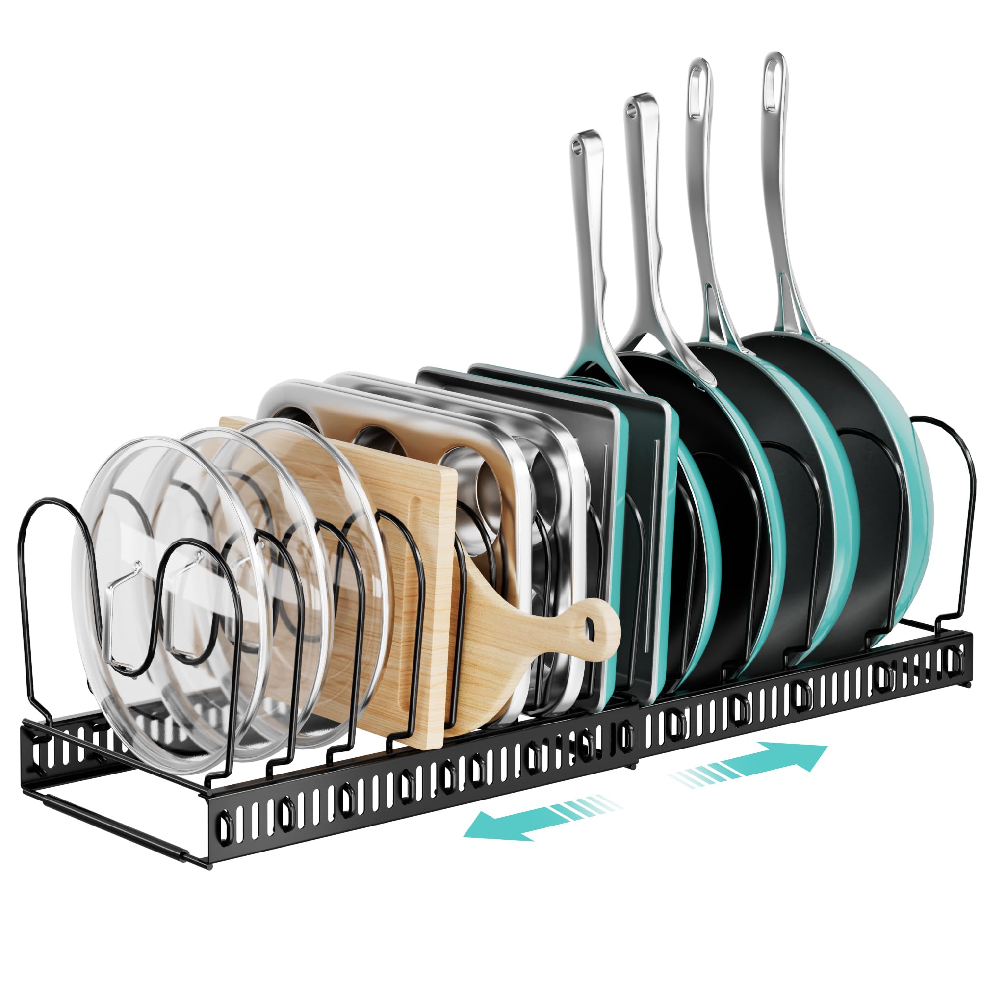 ORDORA Pots and Pans Organizer under Cabinet with Pot Lid Organizer, Expandable Rack for Pan and Pot Organizers Inside Cabinet, 12"-23" Adjustable with 10 Dividers for Kitchen Organization, Black