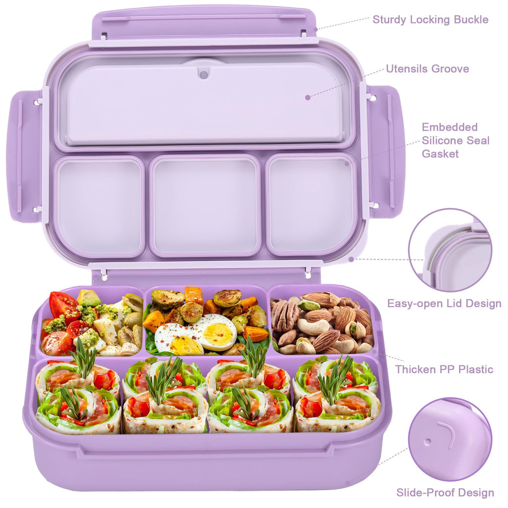 Bento Box Adult Lunch Box, Containers for Adults Men Women with 4 Compartments, Lunchable Food Container with Utensils, Sauce Jar, Muffin Liners, 40 Oz/5 Cup, Microwave & Dishwasher Safe, Brown