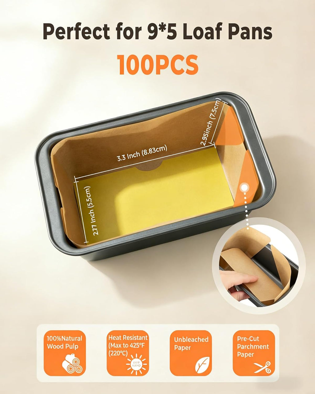 100 Pcs Loaf Pan Liners for Baking Bread 9x5 Inch, Bread Pan Liners with Cardboard Formers, Non-Stick Pre Cut Unbleached Parchment Paper for Loaf Pan
