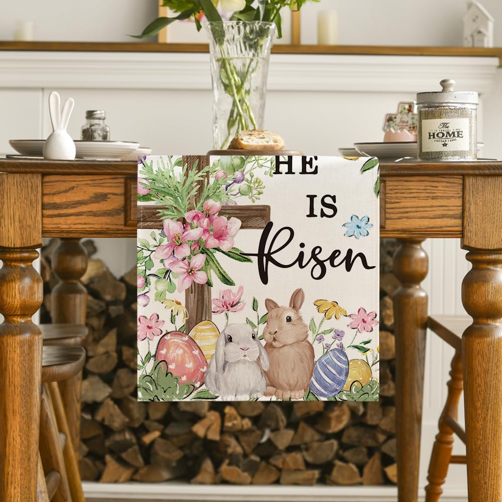 Artoid Mode Bunny Rabbits Eggs He is Risen Easter Table Runner, Seasonal Spring Kitchen Dining Table Decoration for Home Party Decor 13x72 Inch