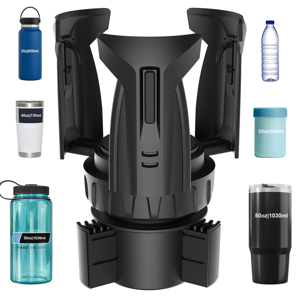 Cup Holder Expander (Adjustable Holder & Base, Auto-Fit Hold, One Button Open), Car Cup Holder Expander for Yeti, Hydro Flask, Nalgene, Owala, Bottles in 2.6"- 4.8" (Light Black, 1 Pack)