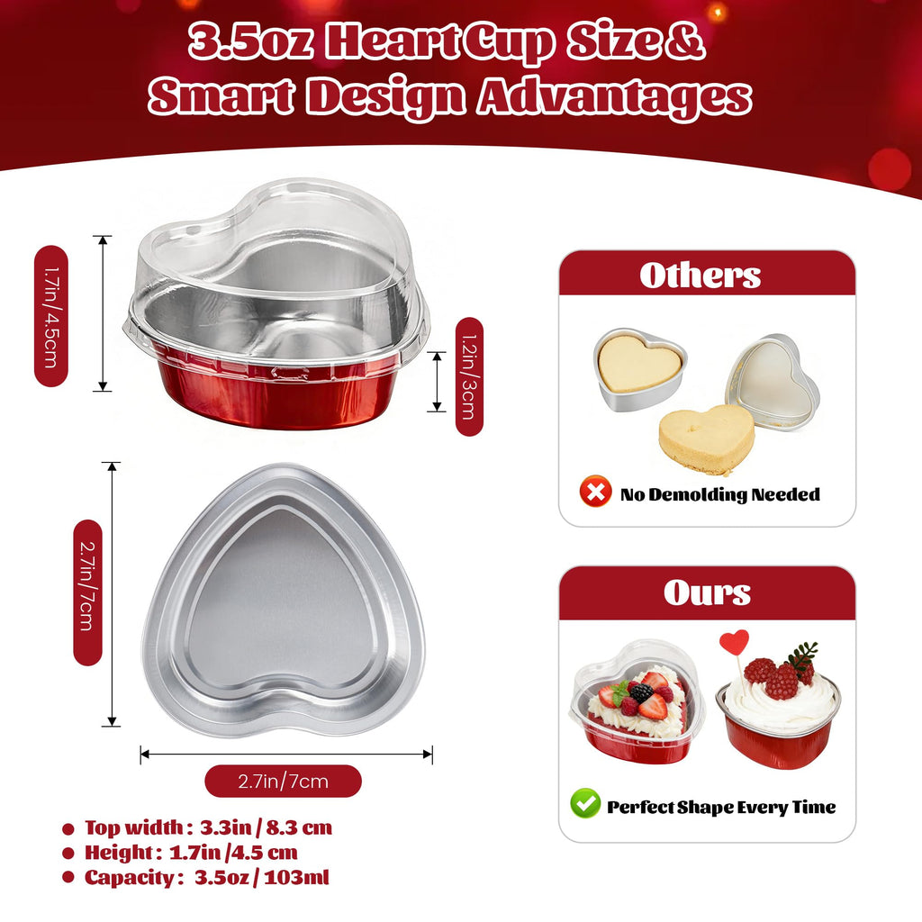 3.5 oz Valentines Gifts Heart Shaped Cake Pans with Lids, Disposable Aluminum Mini Cake Pans for Baking and Takeout, Oven Safe 425°F, Perfect for Valentine's,Party,Wedding Dessert（50 Pack）