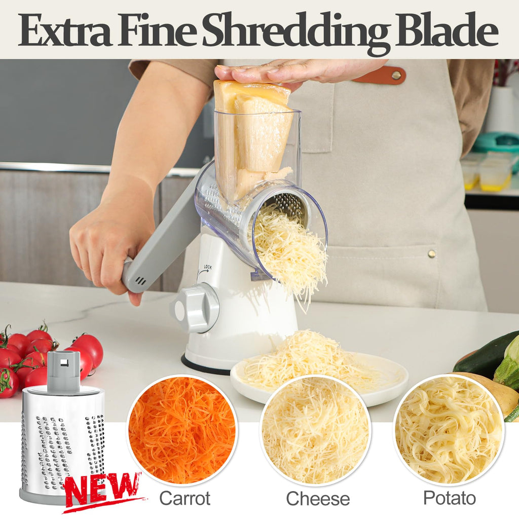 Cambom 5 in 1 Rotary Cheese Grater Hand Crank Cheese Shredder for Fresh Cheese, Vegetable, Nuts,Non-slip Suction Base, Black