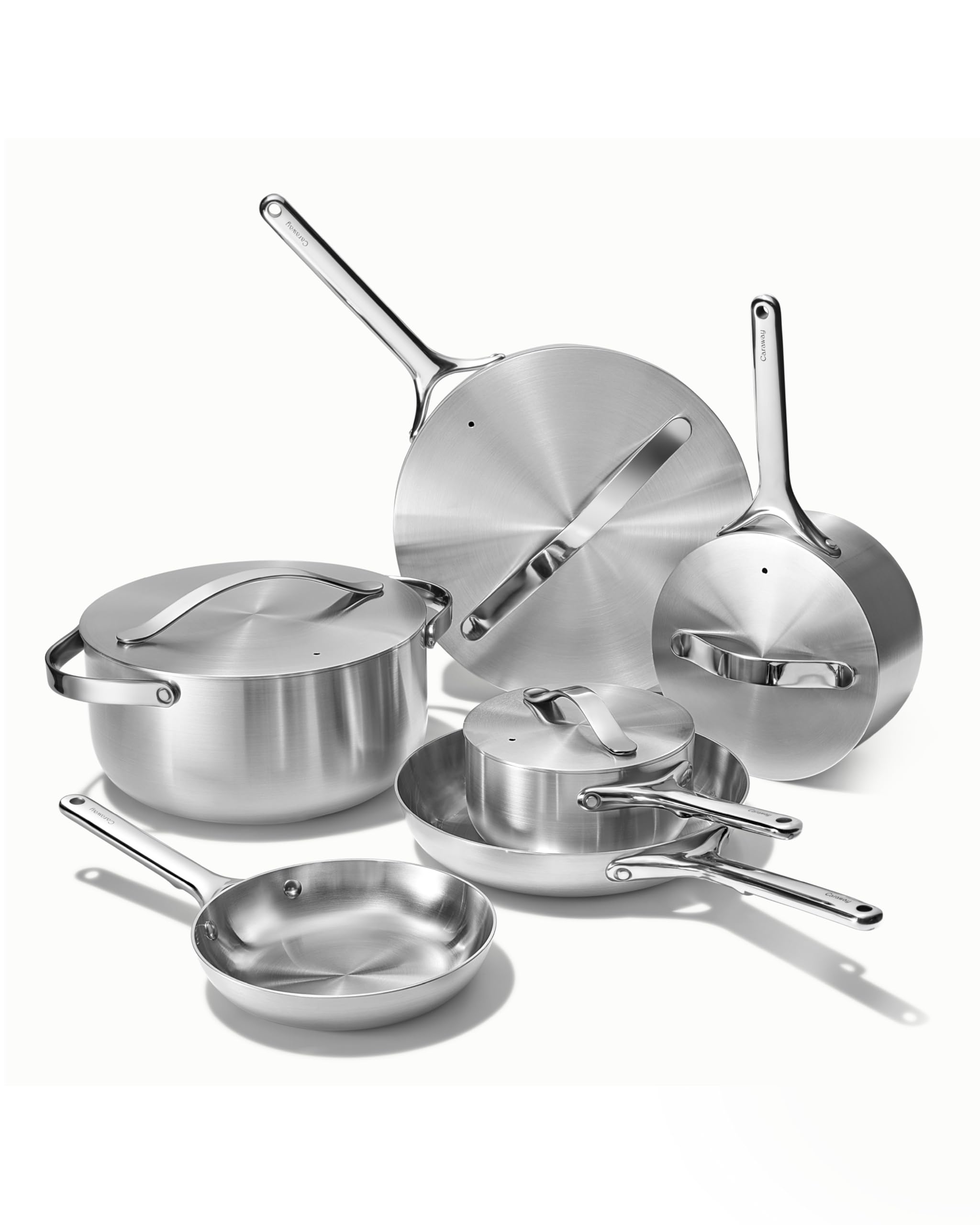 Caraway Stainless Steel Cookware Set – 12 Piece 5-Ply Stainless Steel Pots and Pans Set - Includes Fry, Sauce, Sauté Pan, Dutch Oven, and Space-Saving Storage - Non Toxic, PTFE & PFOA Free