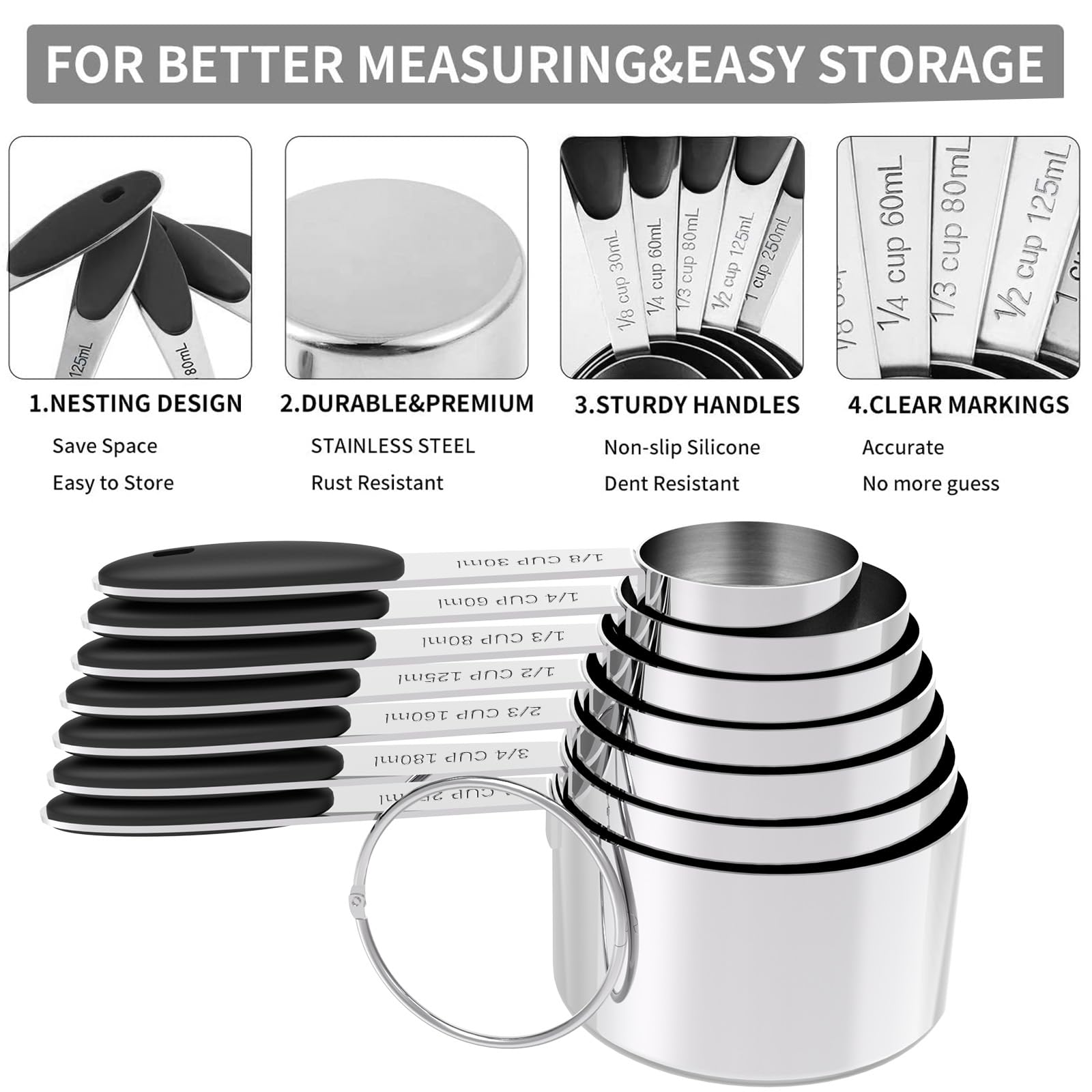TILUCK Measuring Cups and Spoons Set, Stainless Steel, Kitchen Utensils for Cooking and Baking (10)