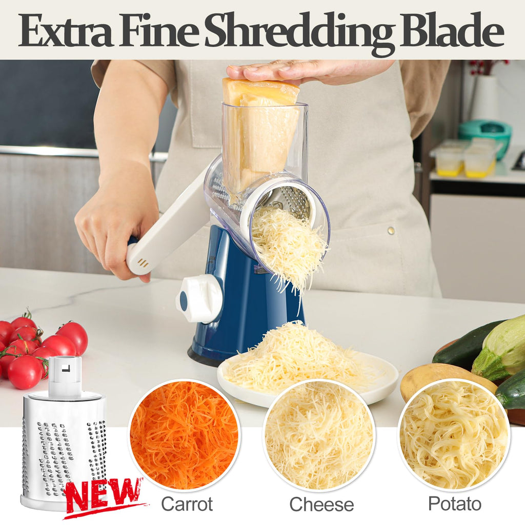 Cambom 5 in 1 Rotary Cheese Grater Hand Crank Cheese Shredder for Fresh Cheese, Vegetable, Nuts,Non-slip Suction Base, Black