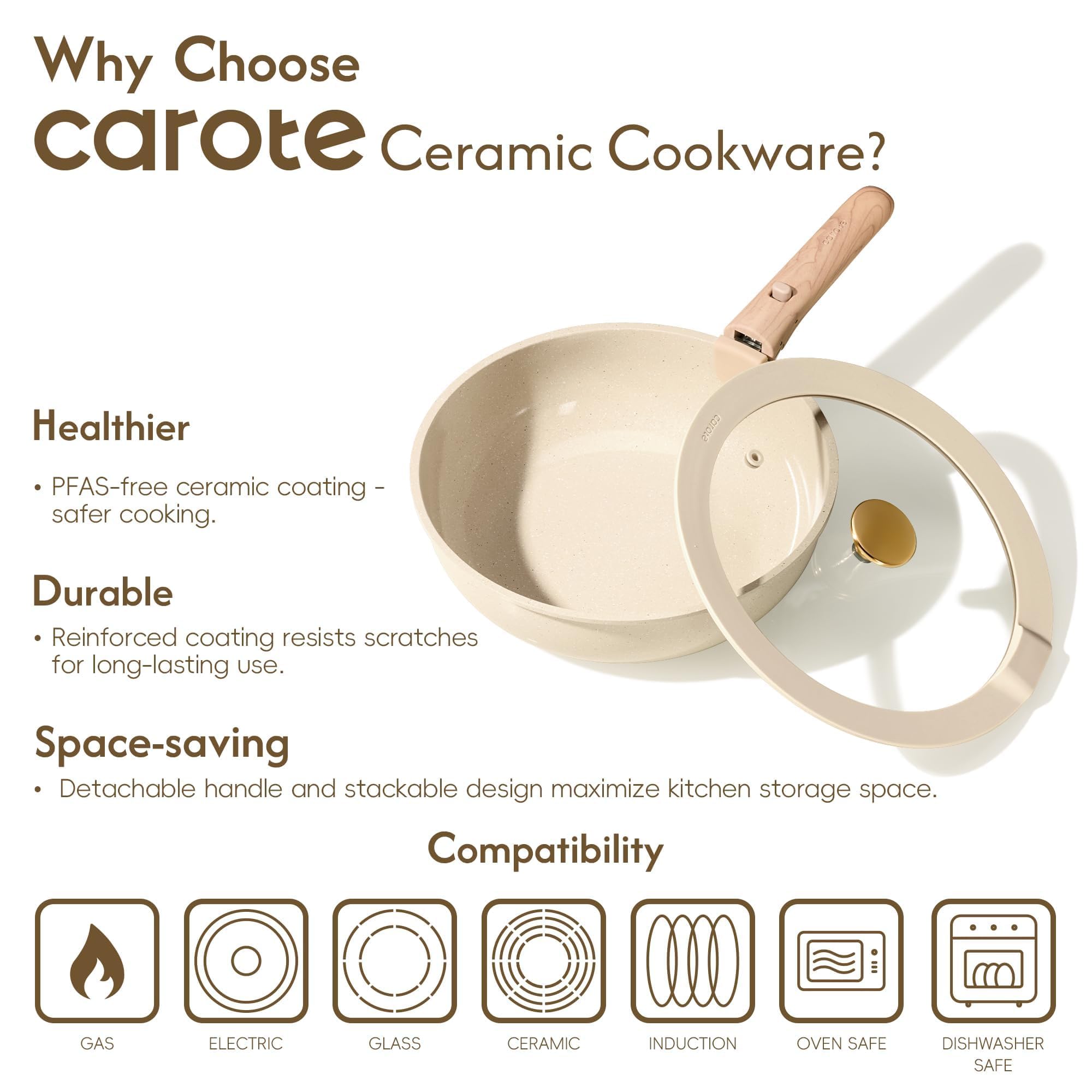 CAROTE 22PCS Pots and Pans set Non Stick, Ceramic Cookware Set, RV Kitchen Cooking Set Removable Handles, Oven Safe, Induction Coolware, Non-toxic Kitchen Cooking Set, PFAS and PFOA Free
