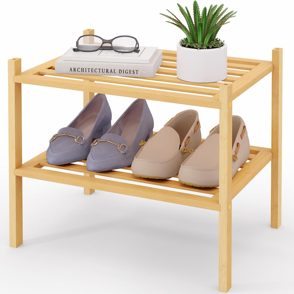 Smiry Bamboo Shoe Rack 3-Tier, Stackable Wooden Shoe Organizer for Entryway & Closet, Free Standing Wood Shoe Storage Shelf for Front Door & Small Spaces, Natural