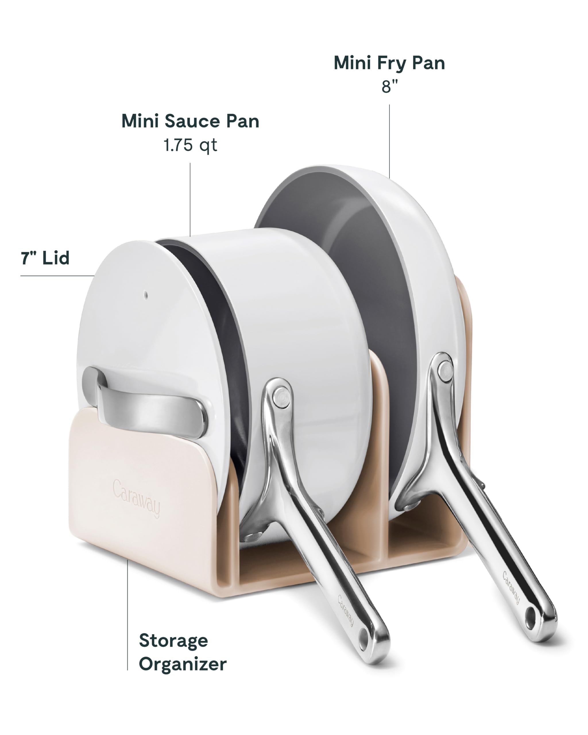 Caraway Mini Cookware Set - Non-Stick Ceramic Fry Pan (1.05 qt, 8") Sauce Pan (1.75 qt) & Storage Rack - Non Toxic, PTFE & PFOA Free - Oven Safe & Stovetop Agnostic (Gas, Electric & Induction) - Cream