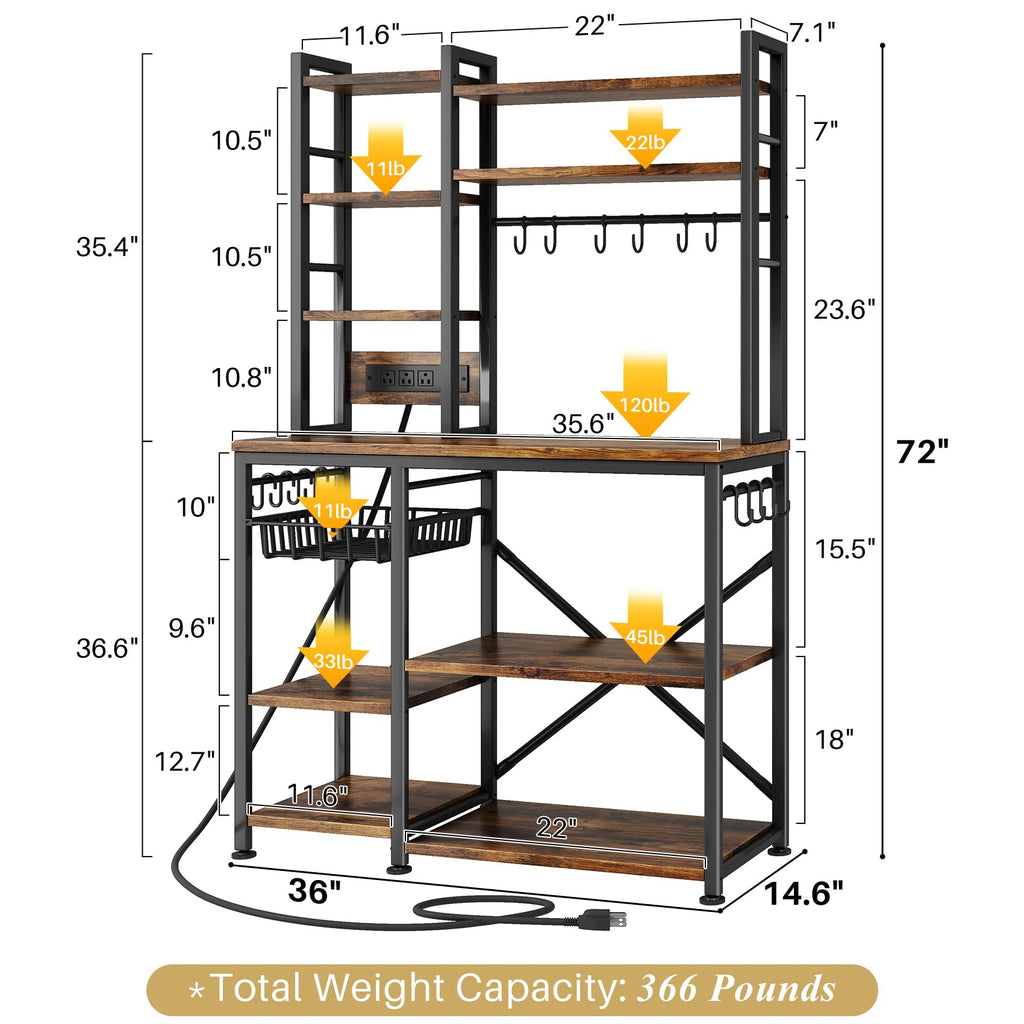 Baker Rack with Power Outlet - Microwave Stand with Storage, Large Coffee Bar Station with 14 Hooks, Metal Kitchen Shelf Rack for Spices, Pots (Rustic Brown) | with Power Outlet, with Storage, with 14 Hooks, for Spices, for Pots
