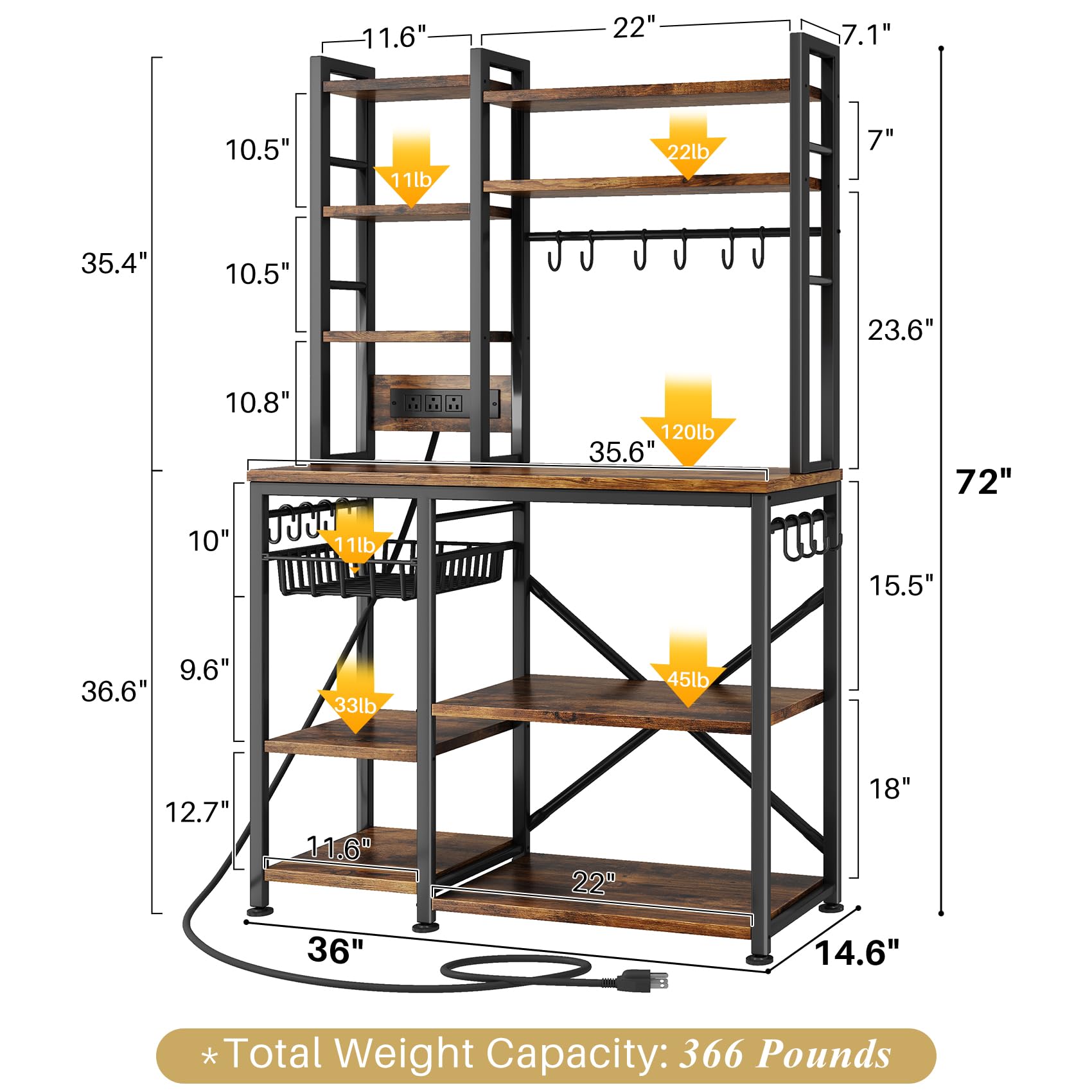 Baker Rack with Power Outlet - Microwave Stand with Storage, Large Coffee Bar Station with 14 Hooks, Metal Kitchen Shelf Rack for Spices, Pots (Rustic Brown) | with Power Outlet, with Storage, with 14 Hooks, for Spices, for Pots
