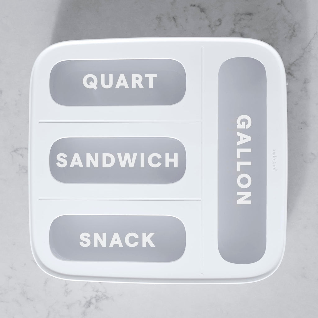 StoraBag Drawer Food Bags Dispenser, 4-Slot, Plastic Sandwich Bag Organizer for Kitchen Storage, White