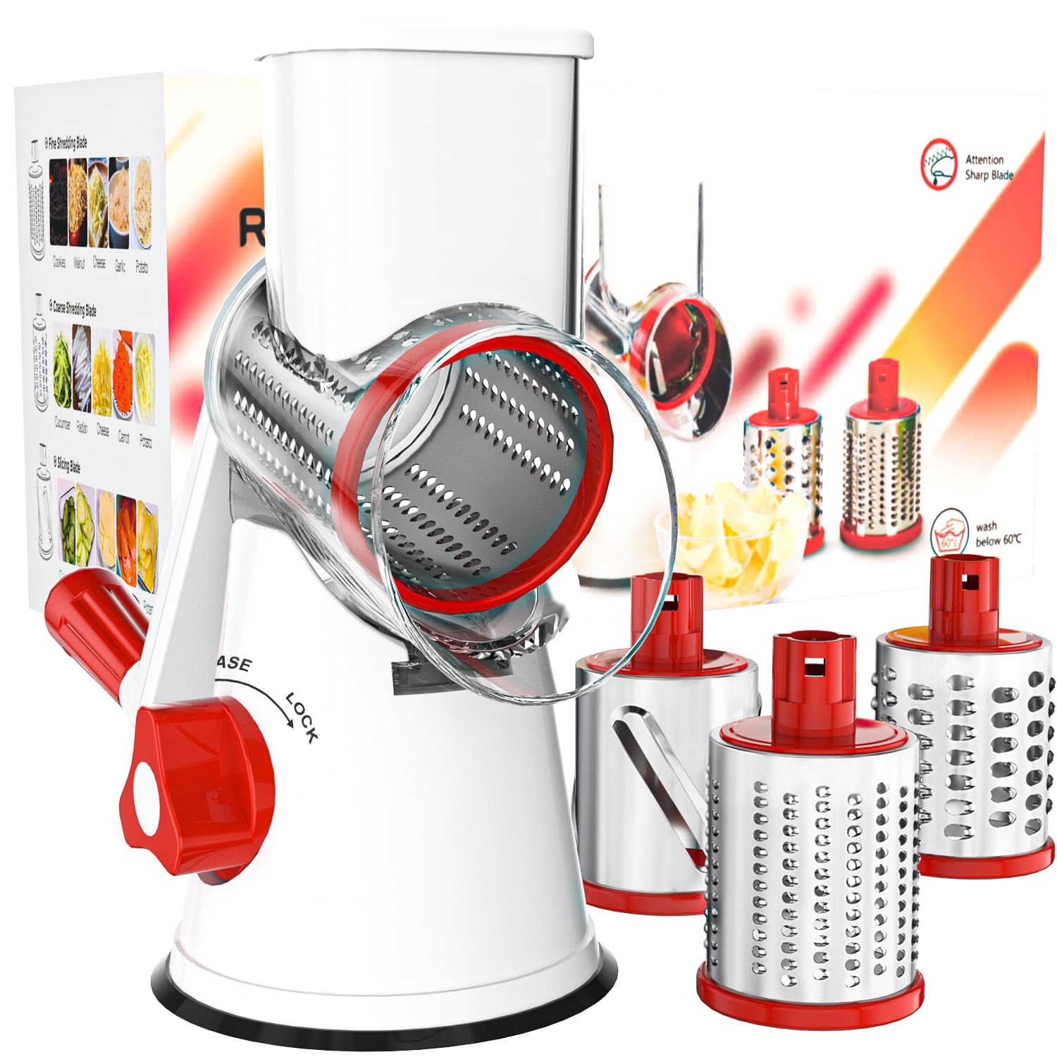 Cambom 5 in 1 Rotary Cheese Grater Hand Crank Cheese Shredder for Fresh Cheese, Vegetable, Nuts,Non-slip Suction Base, Black