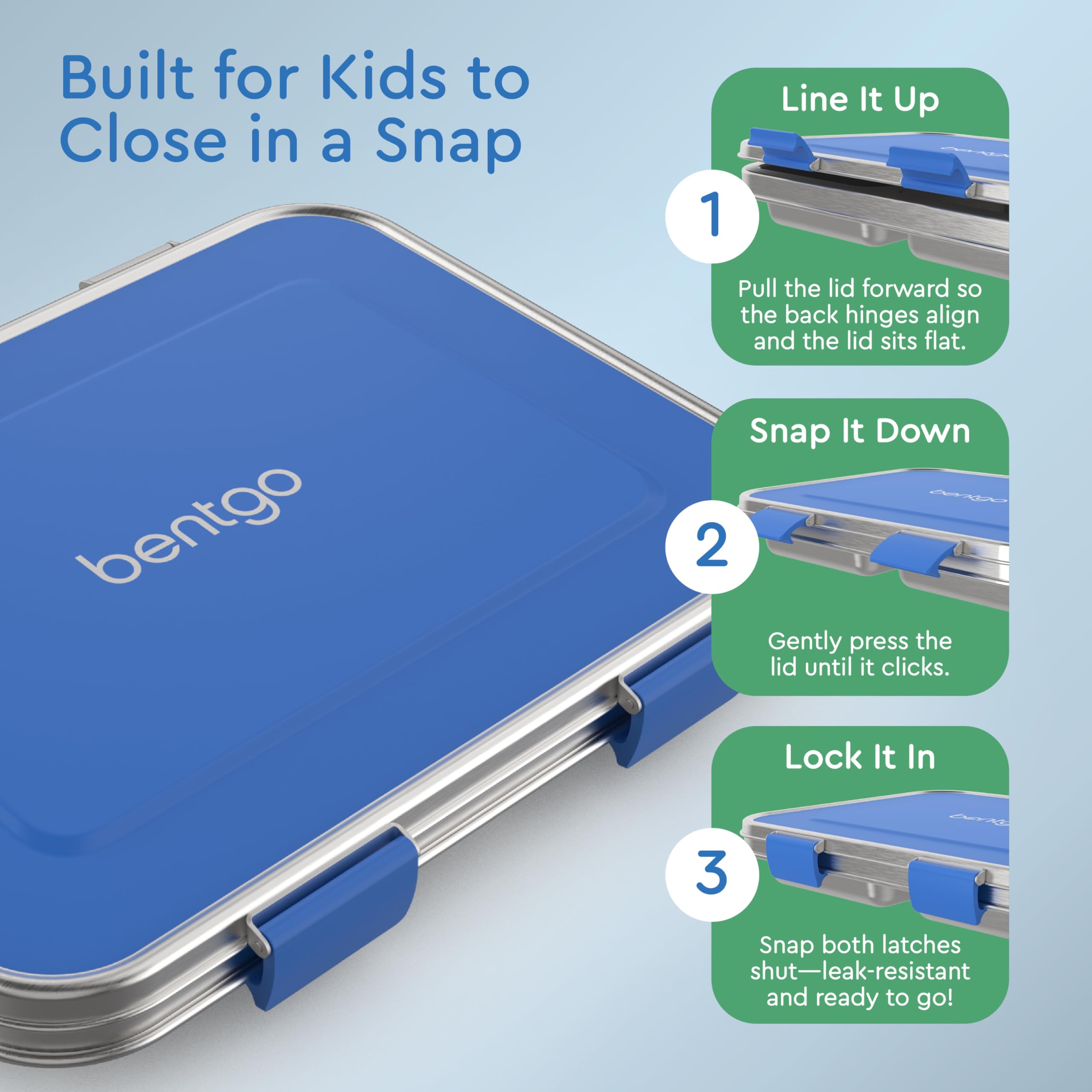 Bentgo Kids Stainless Steel Leak-Resistant Lunch Box - 3-Compartments with Bonus Silicone Container, Durable, Eco-Friendly, Dishwasher Safe, BPA-Free, Ideal for School, Ages 3+ (Blue)