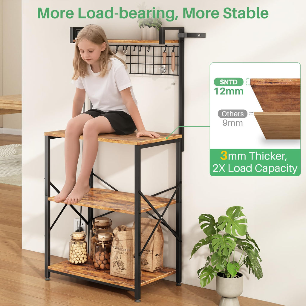 SNTD Bakers Rack with Power Outlet, Kitchen Shelves Microwave Stand with Wire Grid and 10 Hooks, 4 Tiers Coffee Stand (Rustic Brown, 23.5 x 15.6 x 52.8 Inches)