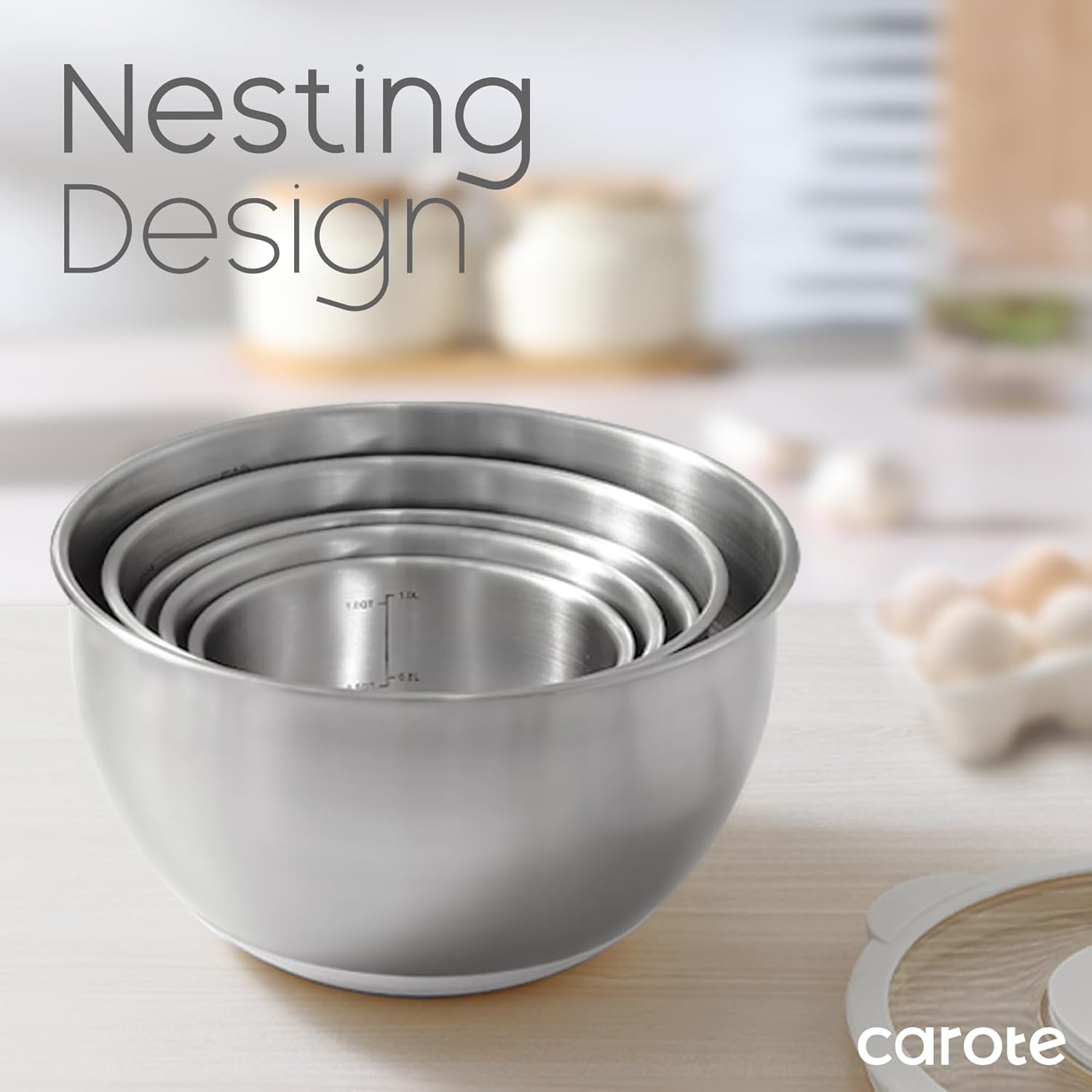 CAROTE Stainless Steel Mixing Bowls with Lids Set,12 Pcs Nesting Bowls Clear Airtight Lids 3 Grater Attachments,Non-Slip Bottoms & Measurement Marks Mixing Bowls,Size 5,3,2,1.5,1QT