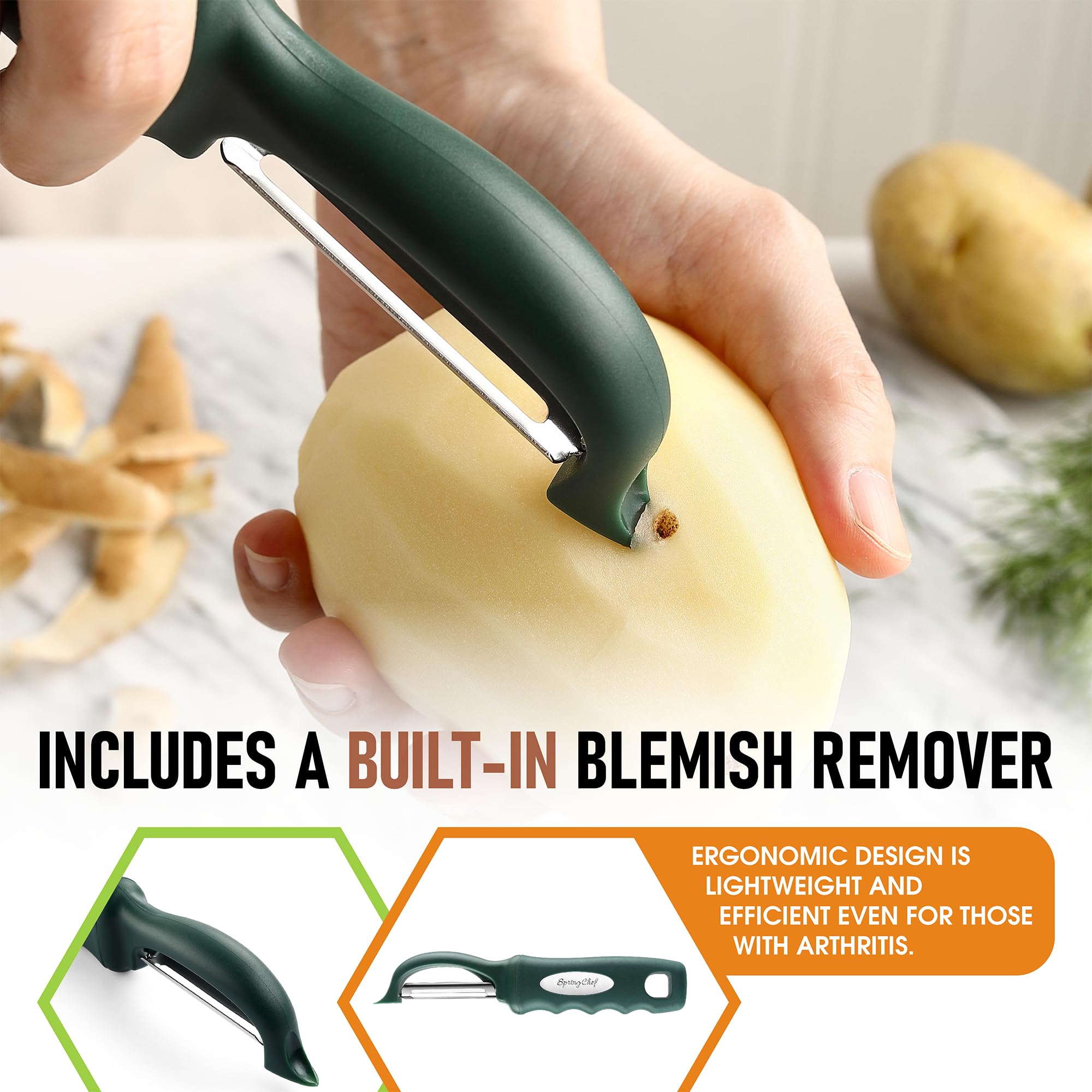 Spring Chef Premium Swivel Vegetable Peeler, Soft Grip Handle and Ultra Sharp Stainless Steel Blades - Perfect Kitchen Peeler For Veggie, Fruit, Potato, Carrot, Apple - Black