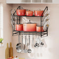 28-Inch Pot Rack Wall Mounted, 2-Tier Pots and Pans Hanger with 12 Hooks, Pot and Pan Hanging Rack for Wall, 6 Pot Lid Holders, Heavy-Duty Pot Hanger for Kitchen Cookware and Utensils, Black