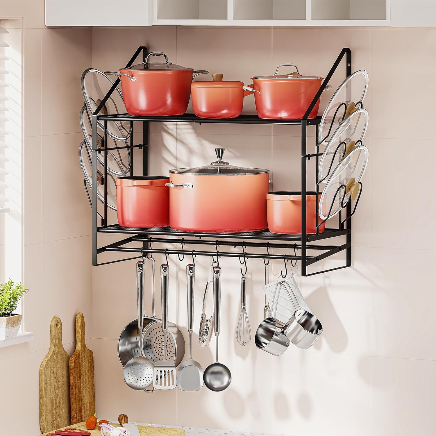 28-Inch Pot Rack Wall Mounted, 2-Tier Pots and Pans Hanger with 12 Hooks, Pot and Pan Hanging Rack for Wall, 6 Pot Lid Holders, Heavy-Duty Pot Hanger for Kitchen Cookware and Utensils, Black