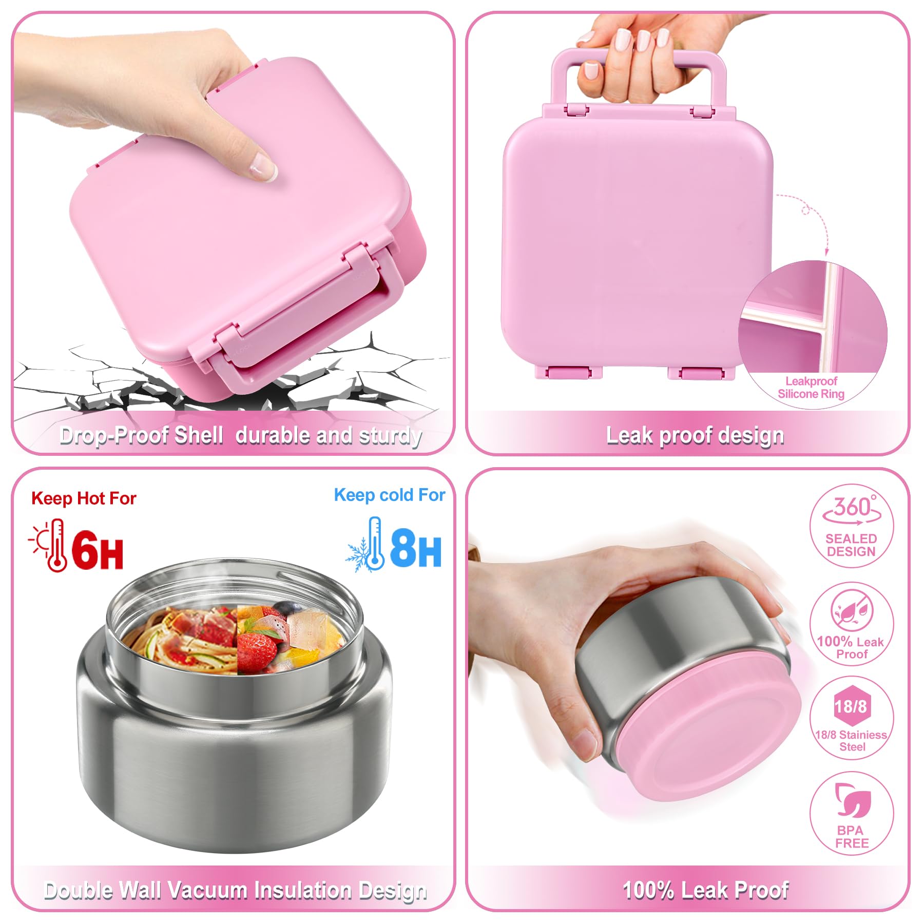 Kids Bento Lunch Box with 9oz Soup Thermo Leakproof Lunch Food Containers 4 Compartment with Insulated Hot Food Jar for Kid Toddler Girls Boys to School Trvael